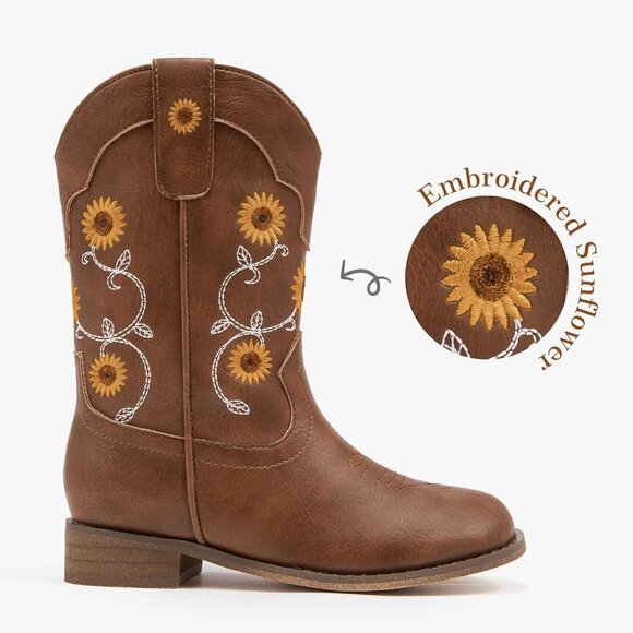 ⚡Girls Brown Floral Embroidered Cowgirl Boots Western Square Toe Mid Calf - Picture 3 of 8